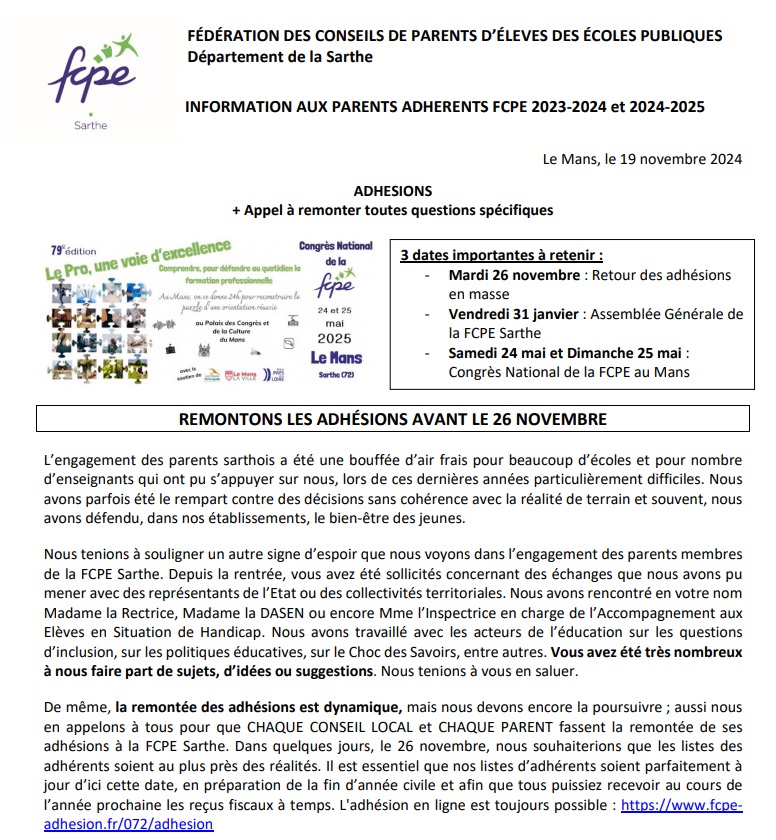 Lettre d'informations novembre 2024