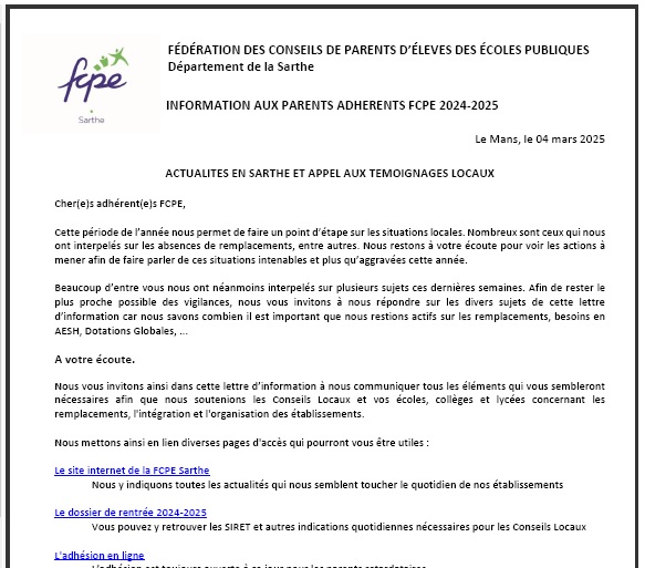 Lettre d'informations mars 2025