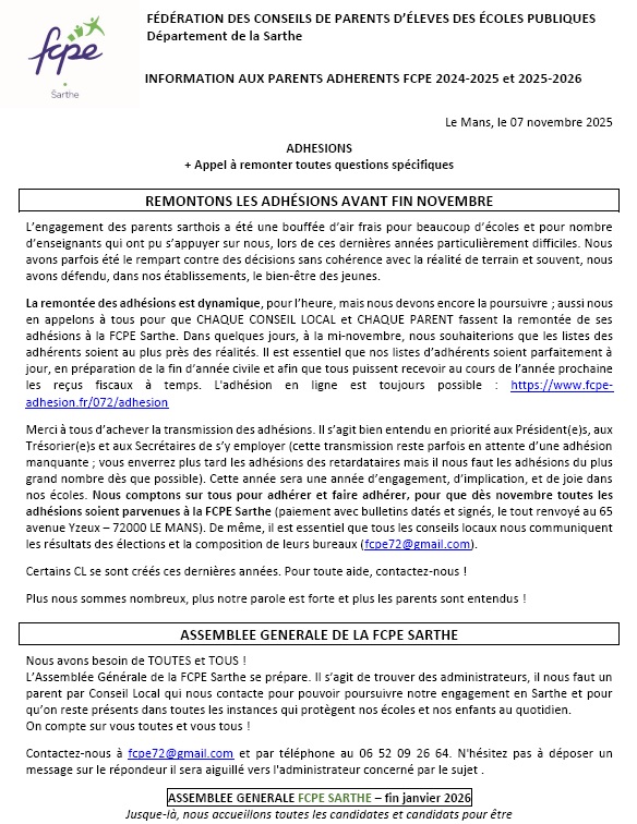 Lettre d'informations novembre 2025