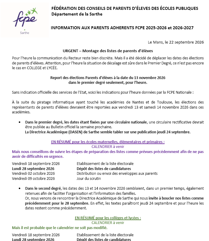 URGENT – Montage des listes de parents d’élèves
